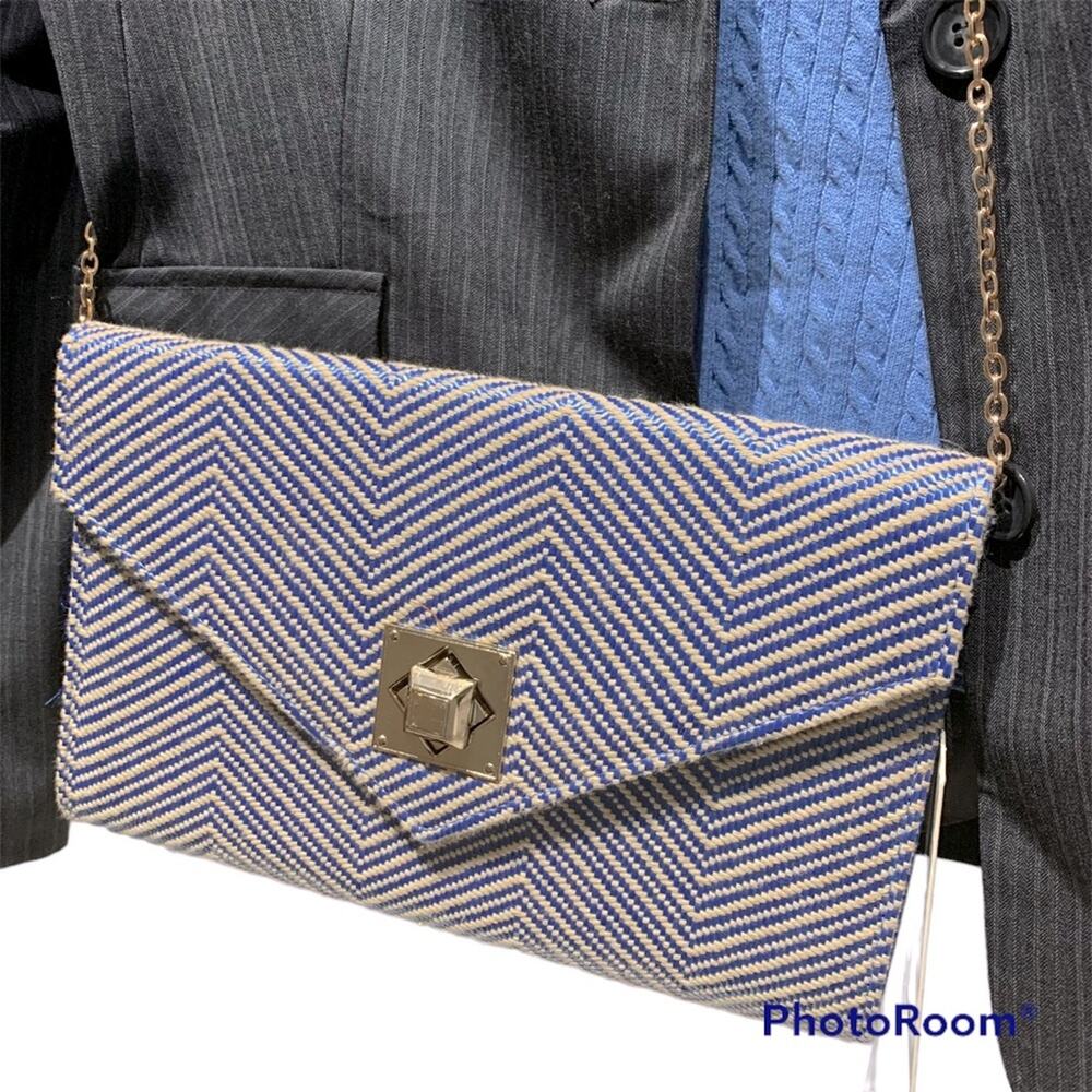 Urban Expression Blue/cream herringbone Clutch with gold chain strap vegan, NWT